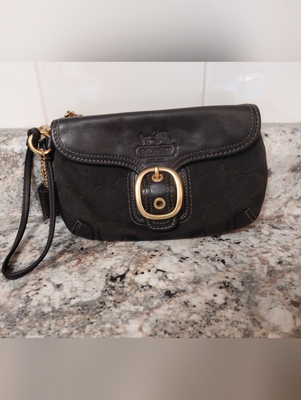 Coach Black Bleecker Signature Canvas Leather Wristlet with Gold Buckle